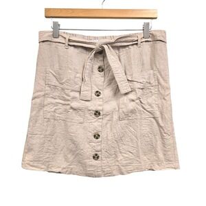 Purple &‎ More Linen Blend Button Front Mini Skirt M Beige Tie Waist Minimalist